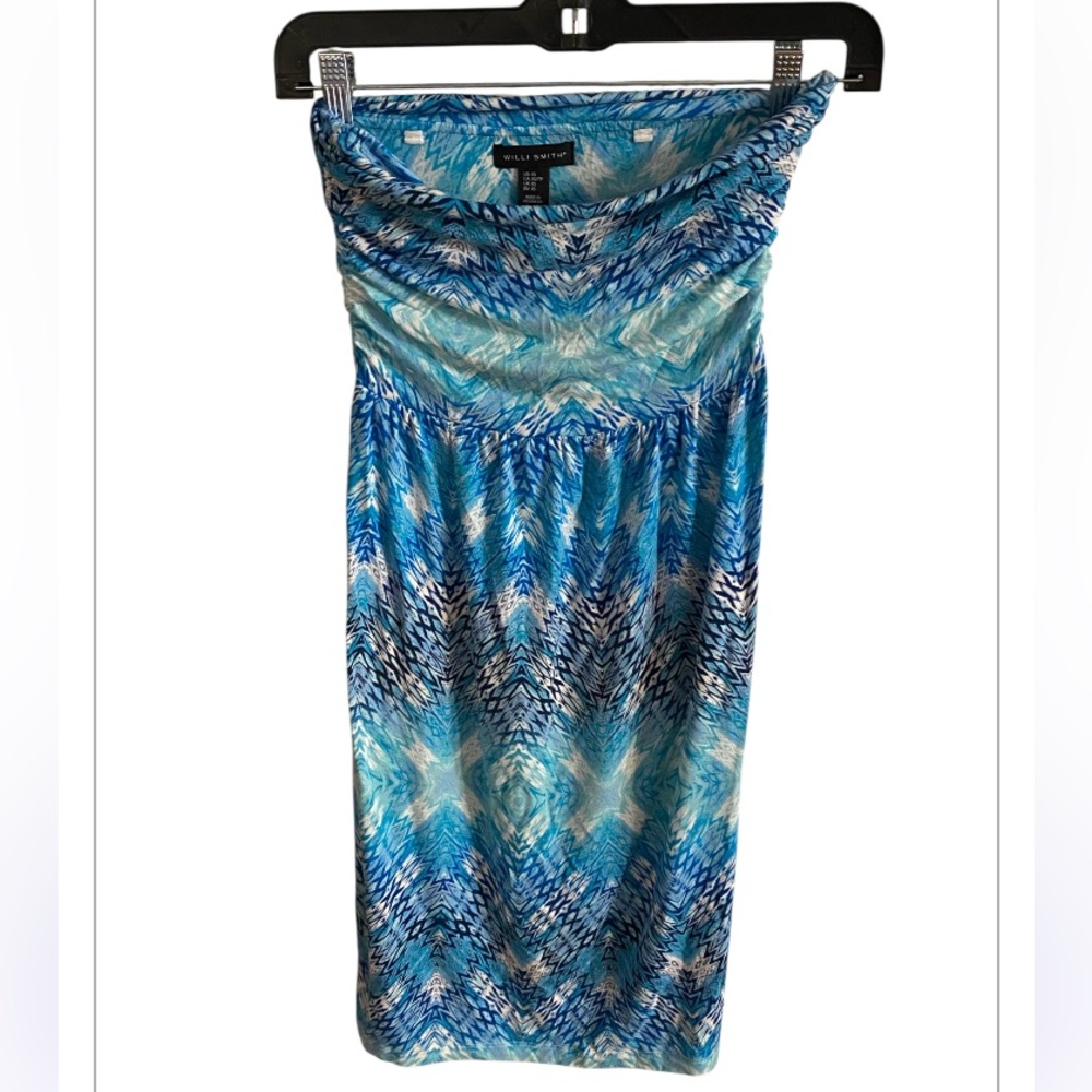 Willi Smith Blue Patterned Strapless tub top Dress. Size XS